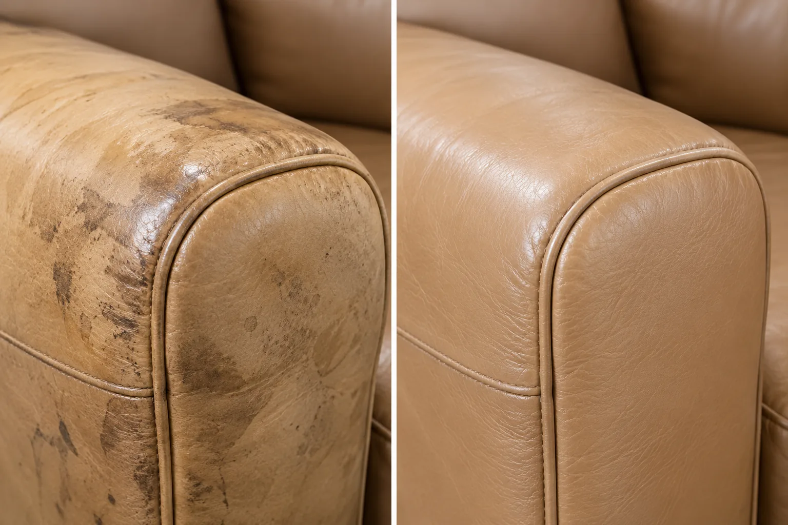 Tan leather armrest before and after dark oil stains were treated
