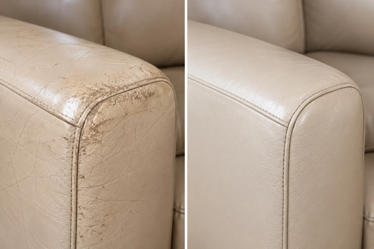 Cream leather armrest before and after surface restoration
