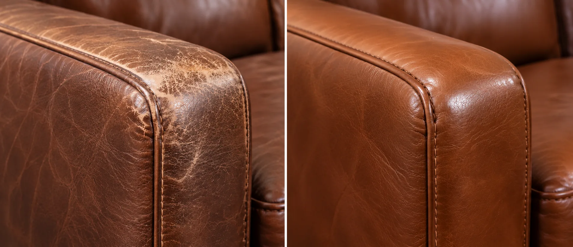 Tan leather armrest before and after worn color was rebuilt