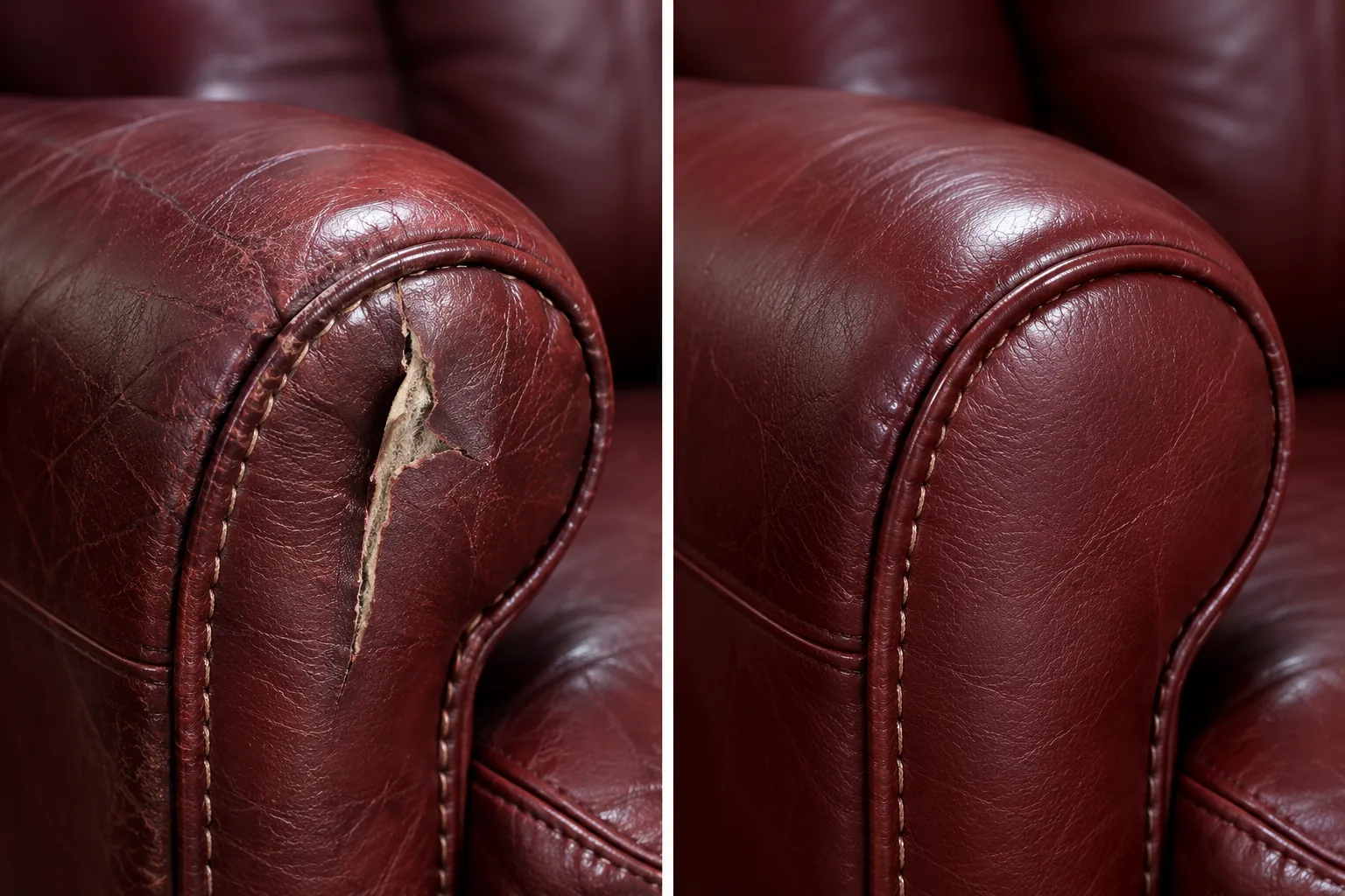 Burgundy leather armrest before and after a split was repaired