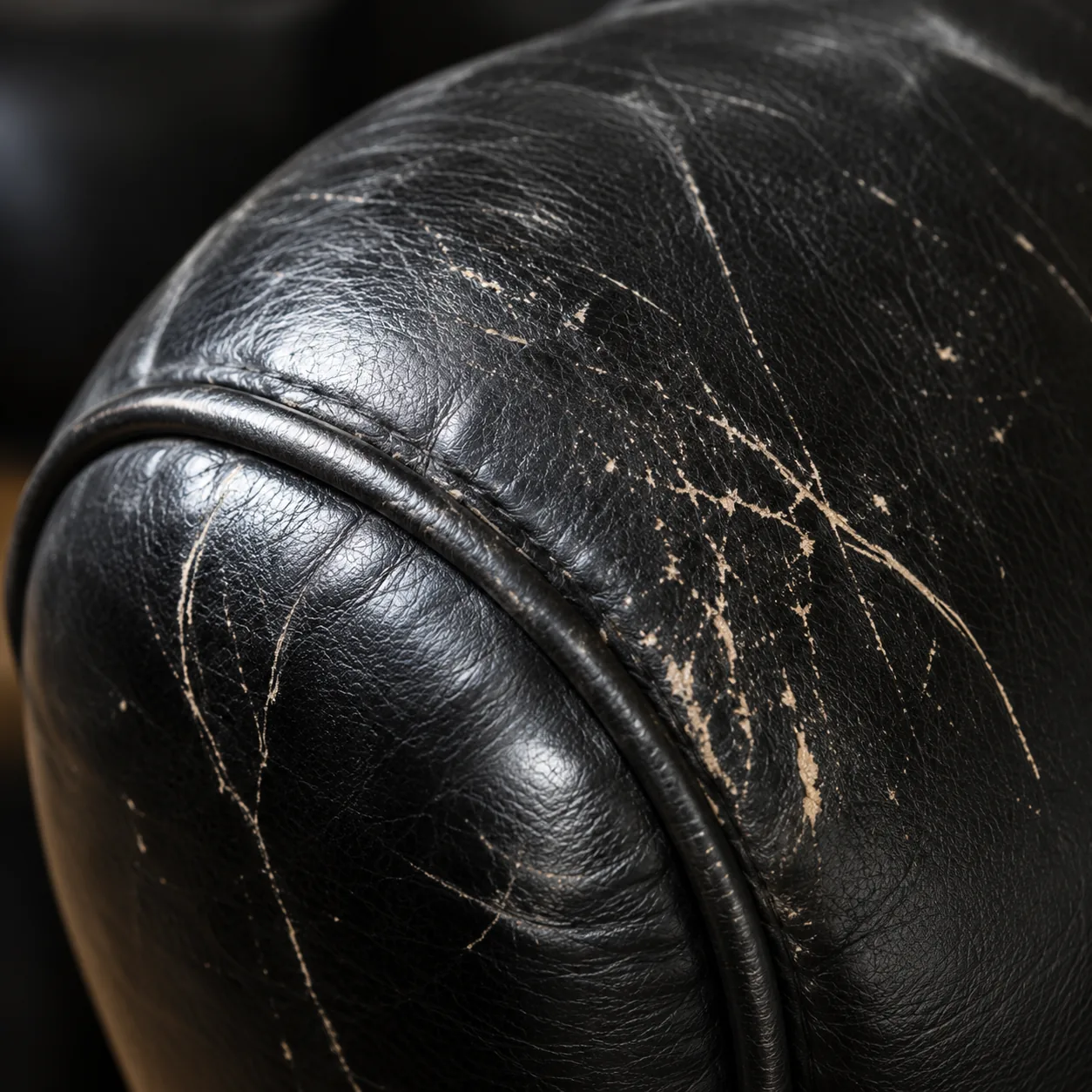 Fine claw marks scored across the corner of a black leather armrest