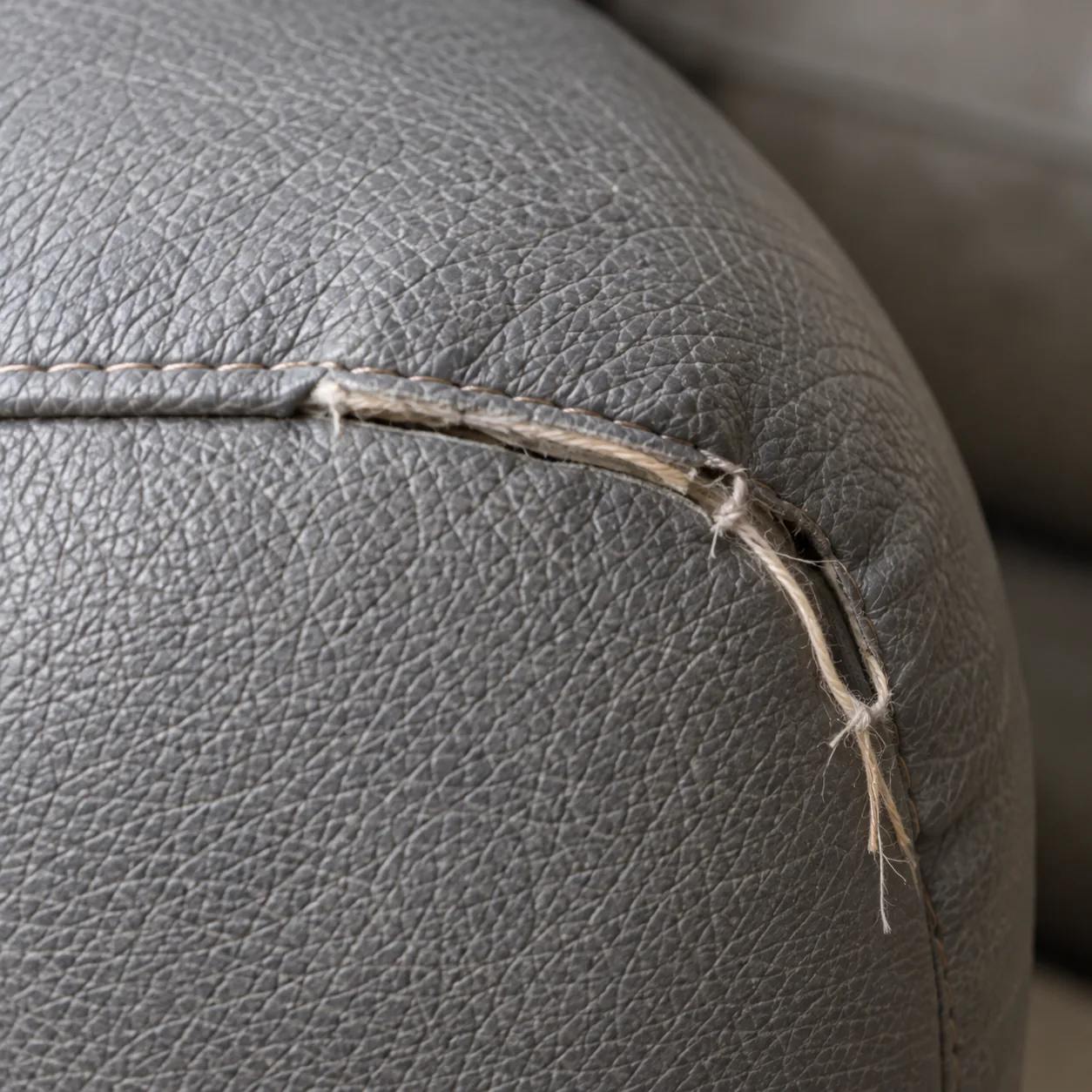 Stitching pulled apart along the seam of a grey leather armrest