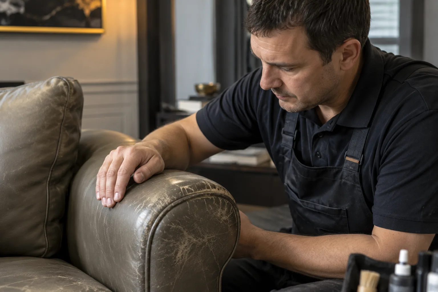 A technician crouching beside a sofa to inspect the damaged arm