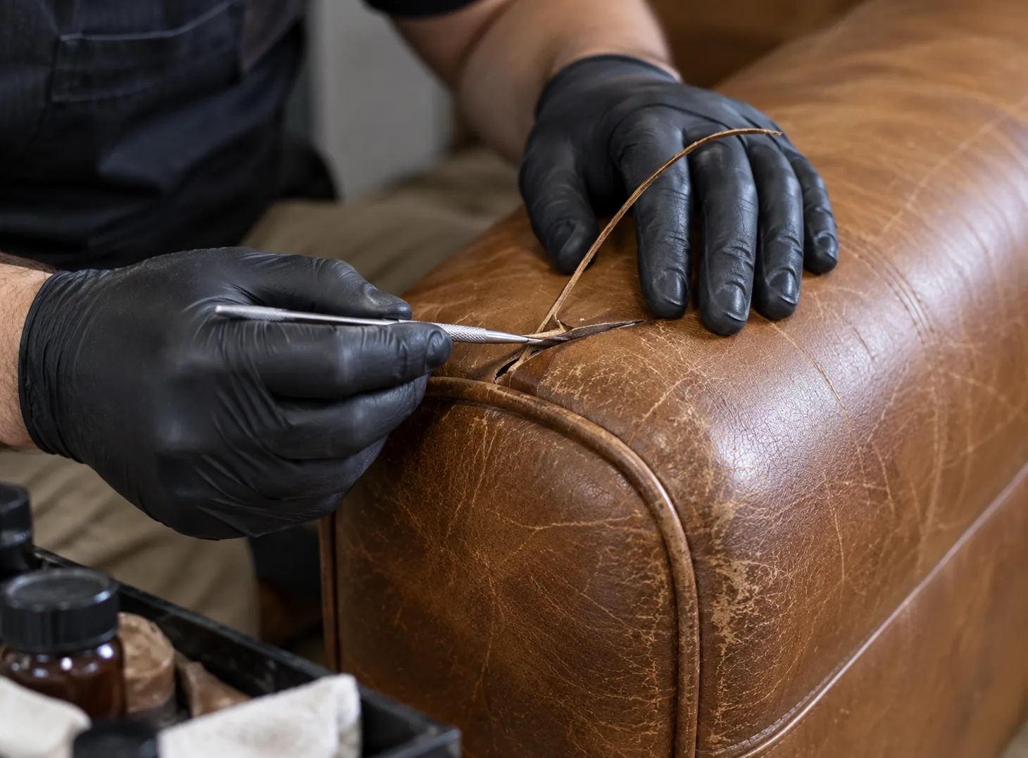 A gloved hand trimming damaged leather on an armrest with a scalpel
