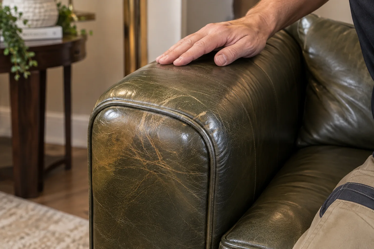 A hand resting flat on the finished green leather arm to check the repaired surface
