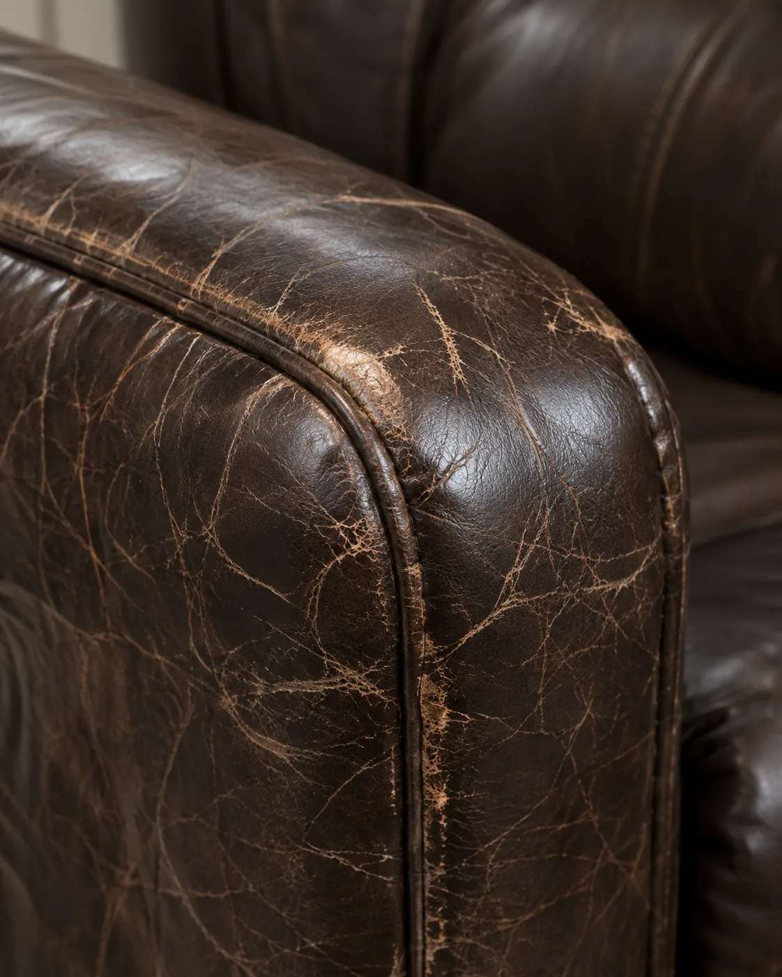The dark cracked leather arm of a recliner