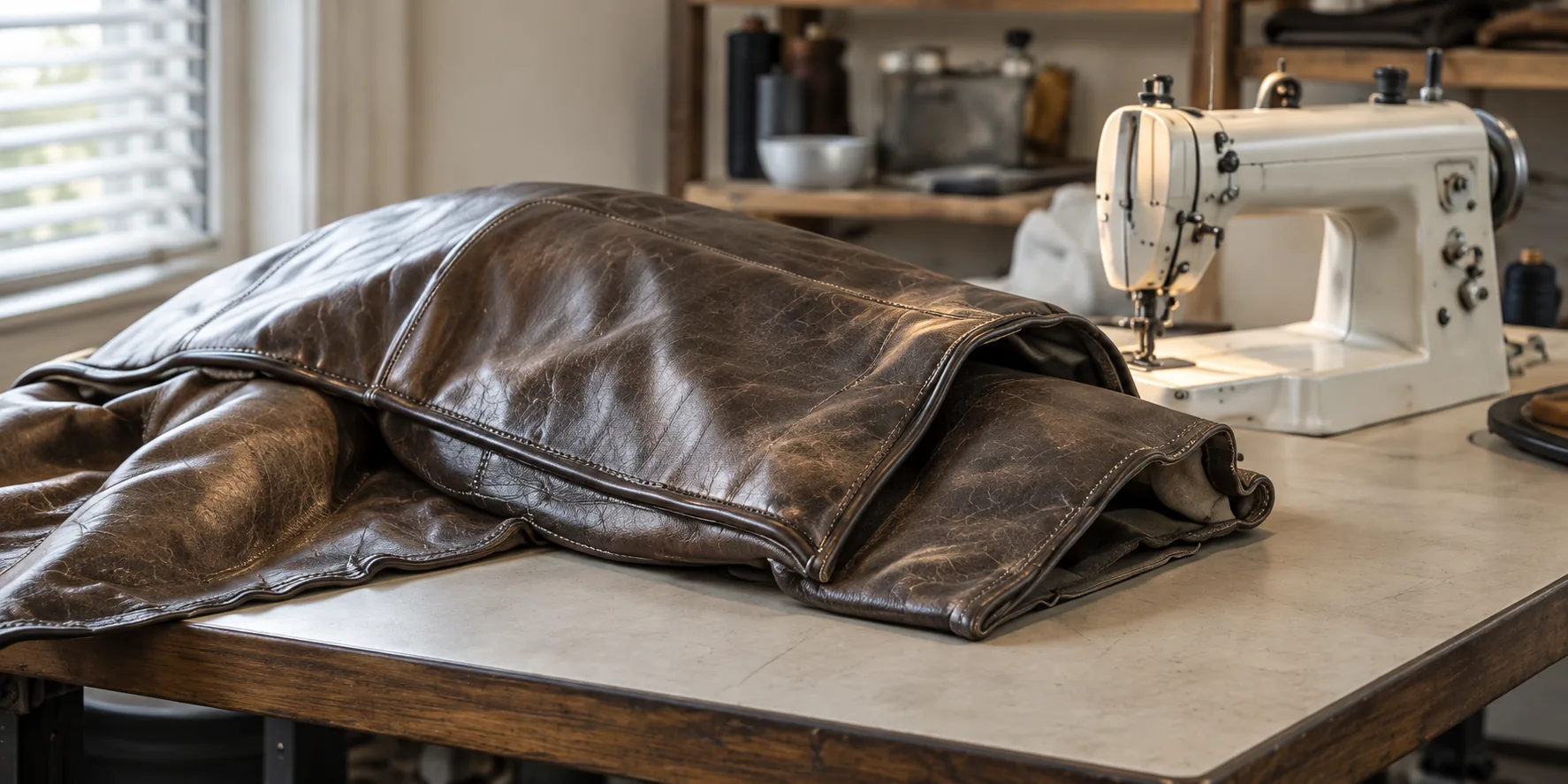 A leather arm cover laid out on a workshop table beside a sewing machine