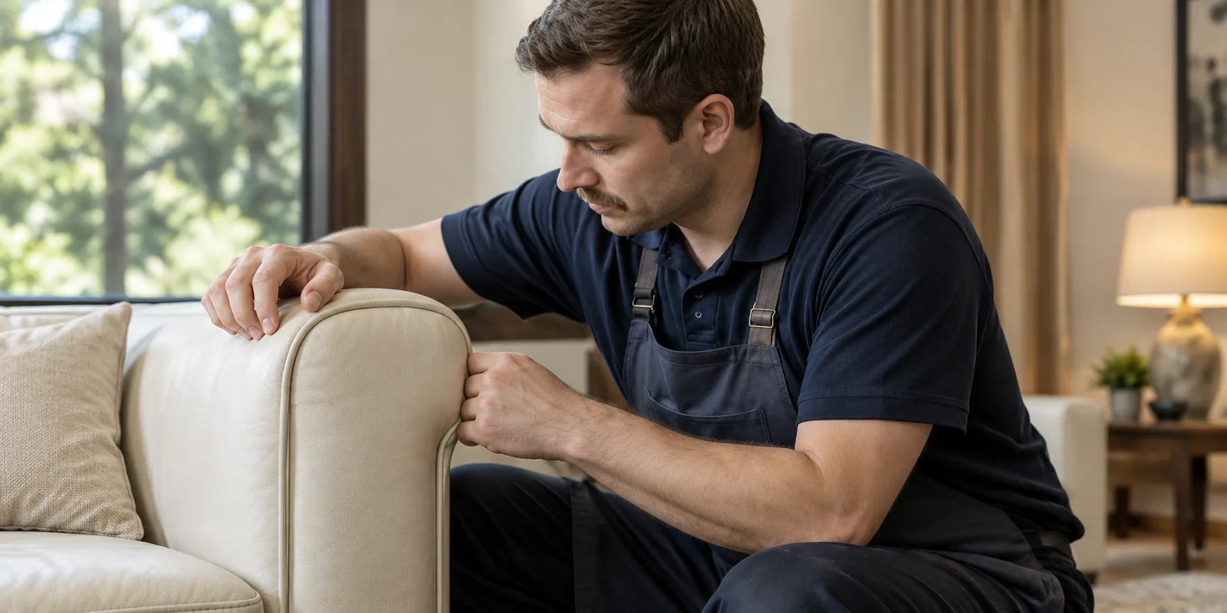 A technician working on the arm of a cream sofa in a client's living room