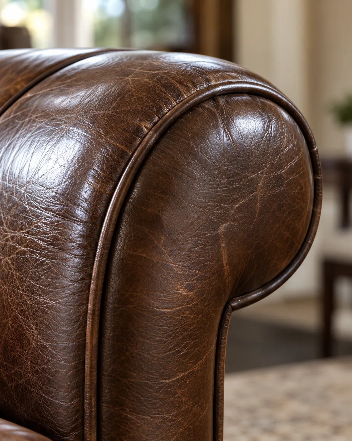 A rolled brown leather arm with piping following the curve