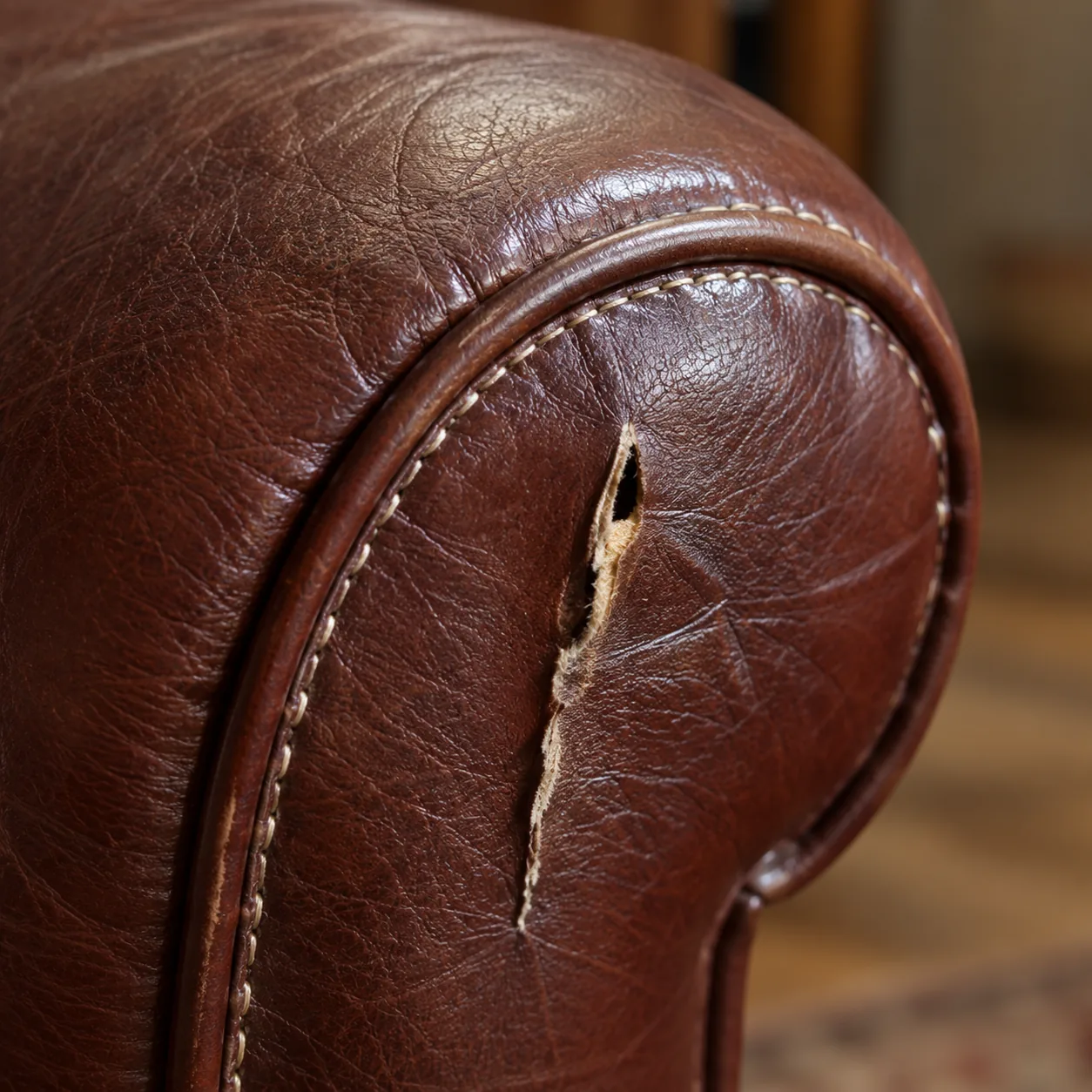 A short split opened in the leather on the front face of a brown armrest