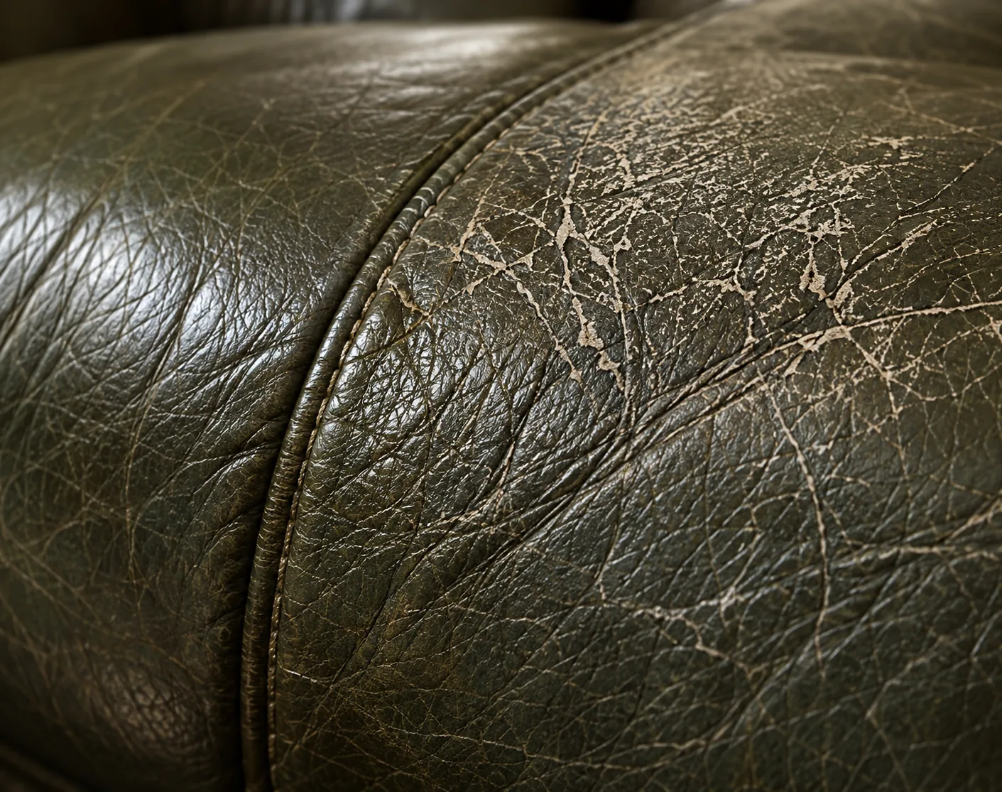 Close view of a cracked green leather surface on an armrest