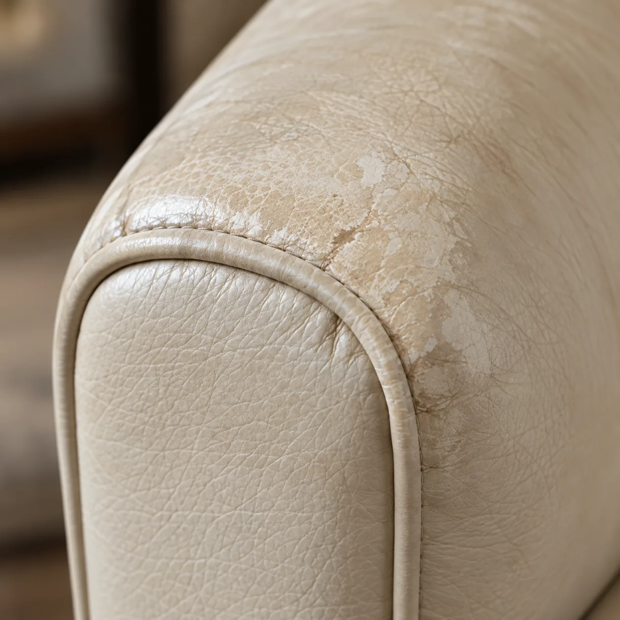 A cream leather armrest with color loss and shiny worn patches along the top edge