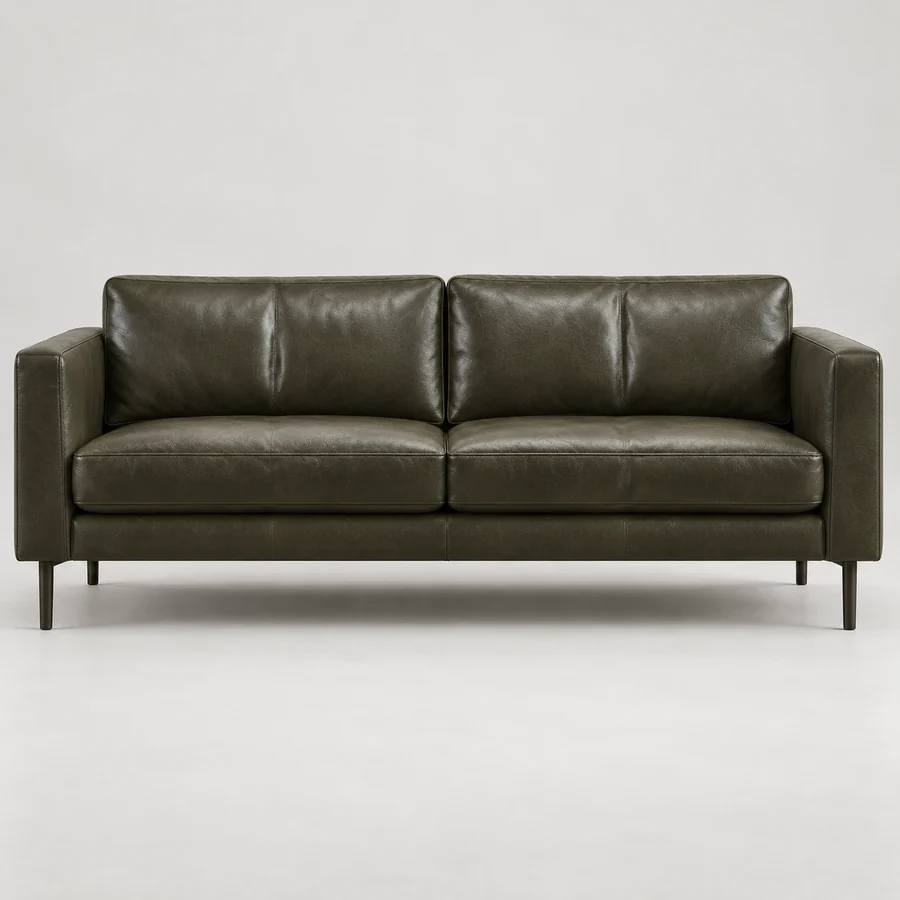 Olive leather Burrard-style sofa with a tufted back