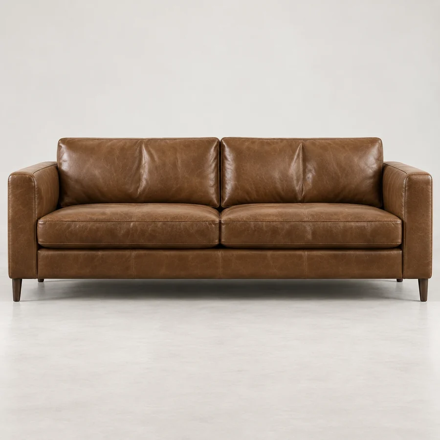 Brown leather Ceni-style sofa with three seat cushions