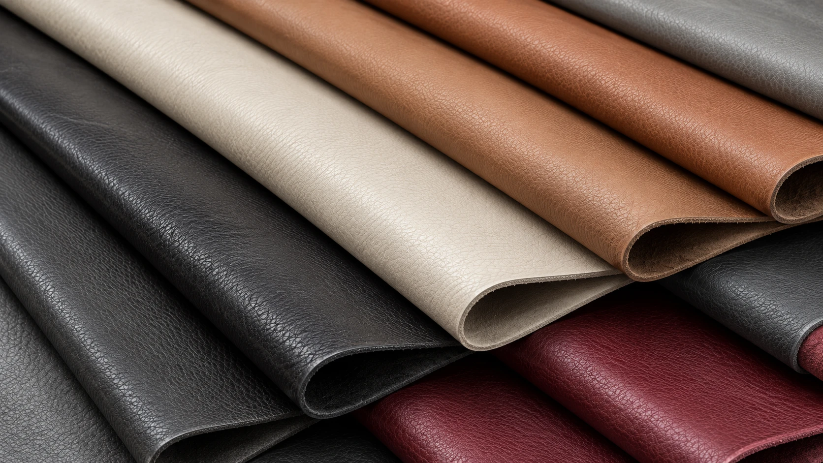 Stacked leather hides fanned out in black, cream, tan, cognac and burgundy