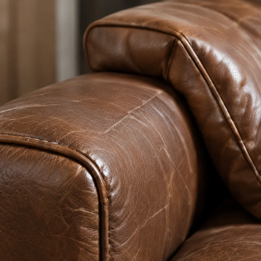 Corner of a brown leather sofa showing the arm and seat seam