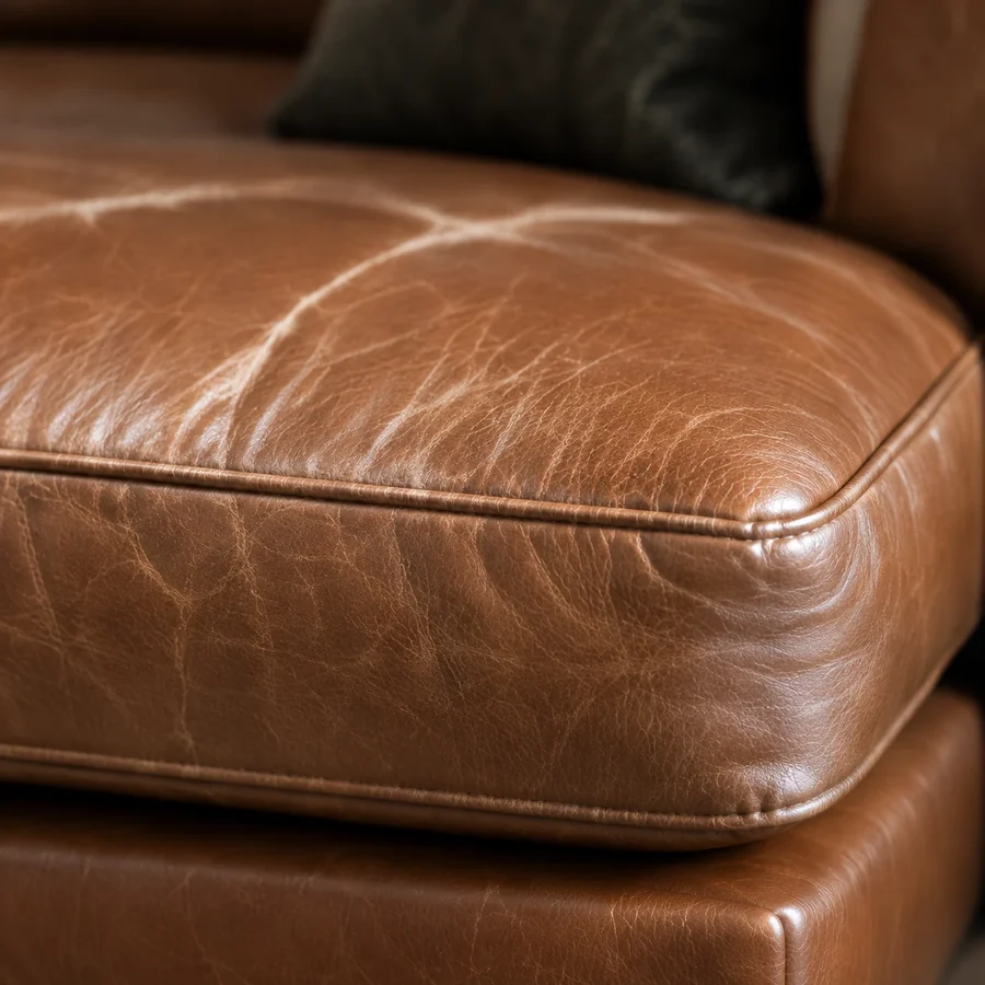Cognac leather cushion with a warm, lightly creased surface