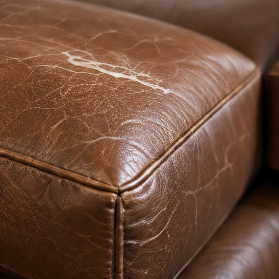 Brown leather cushion with light scratching across the top face