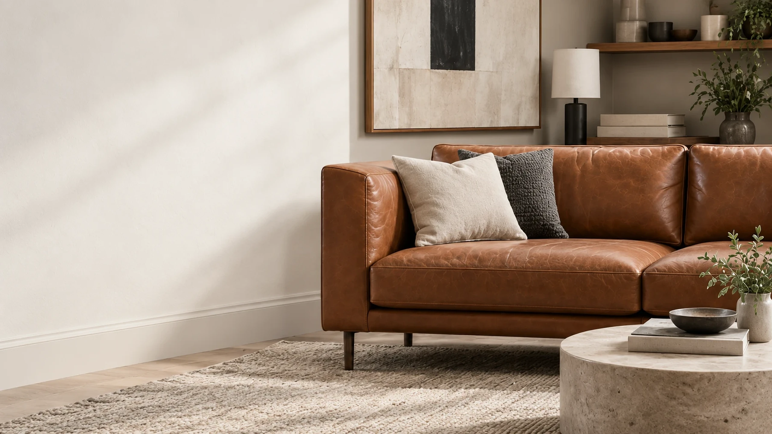 Tan leather Article-style sofa with two cushions in a sunlit living room
