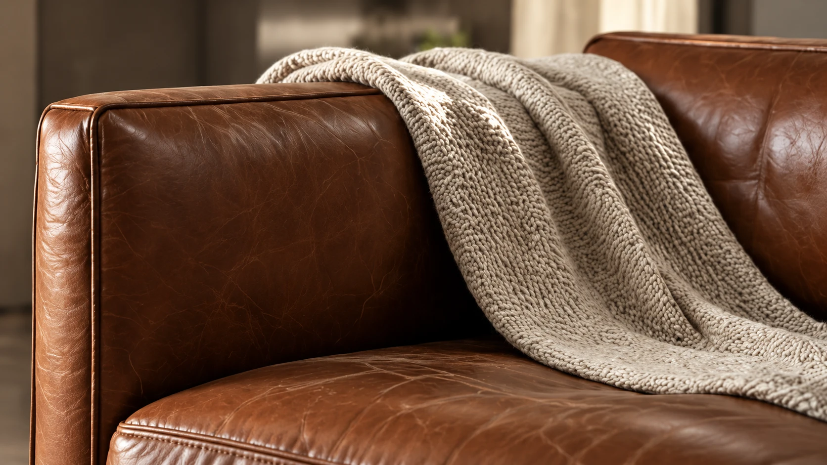 Cream knitted throw draped over the arm of a brown leather sofa