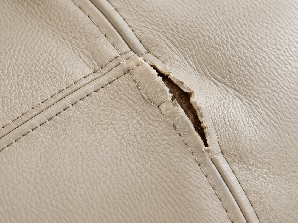 Split seam running along the edge of a cream leather sofa cushion