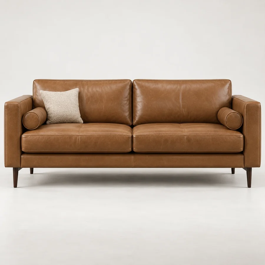 Tan leather Sven-style sofa with bolster cushions on slim wooden legs