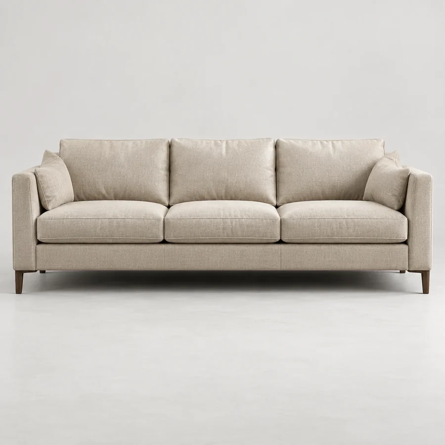 Cream upholstered Timber-style sofa with a low back and wooden legs
