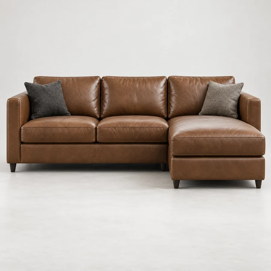 Brown leather Toba-style sectional with a chaise on the right