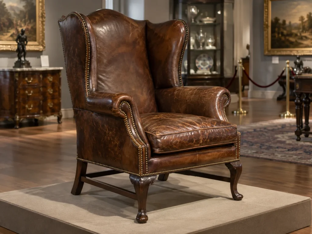 Antique leather wing chair on display at an auction preview