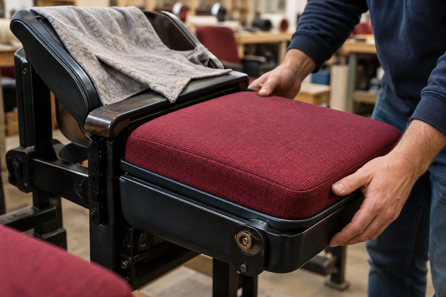 Auditorium seating reupholstery Chicago: a burgundy seat pad being fitted back into its frame