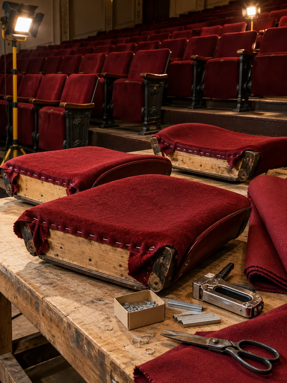 Auditorium seat pans being recovered on the workshop bench