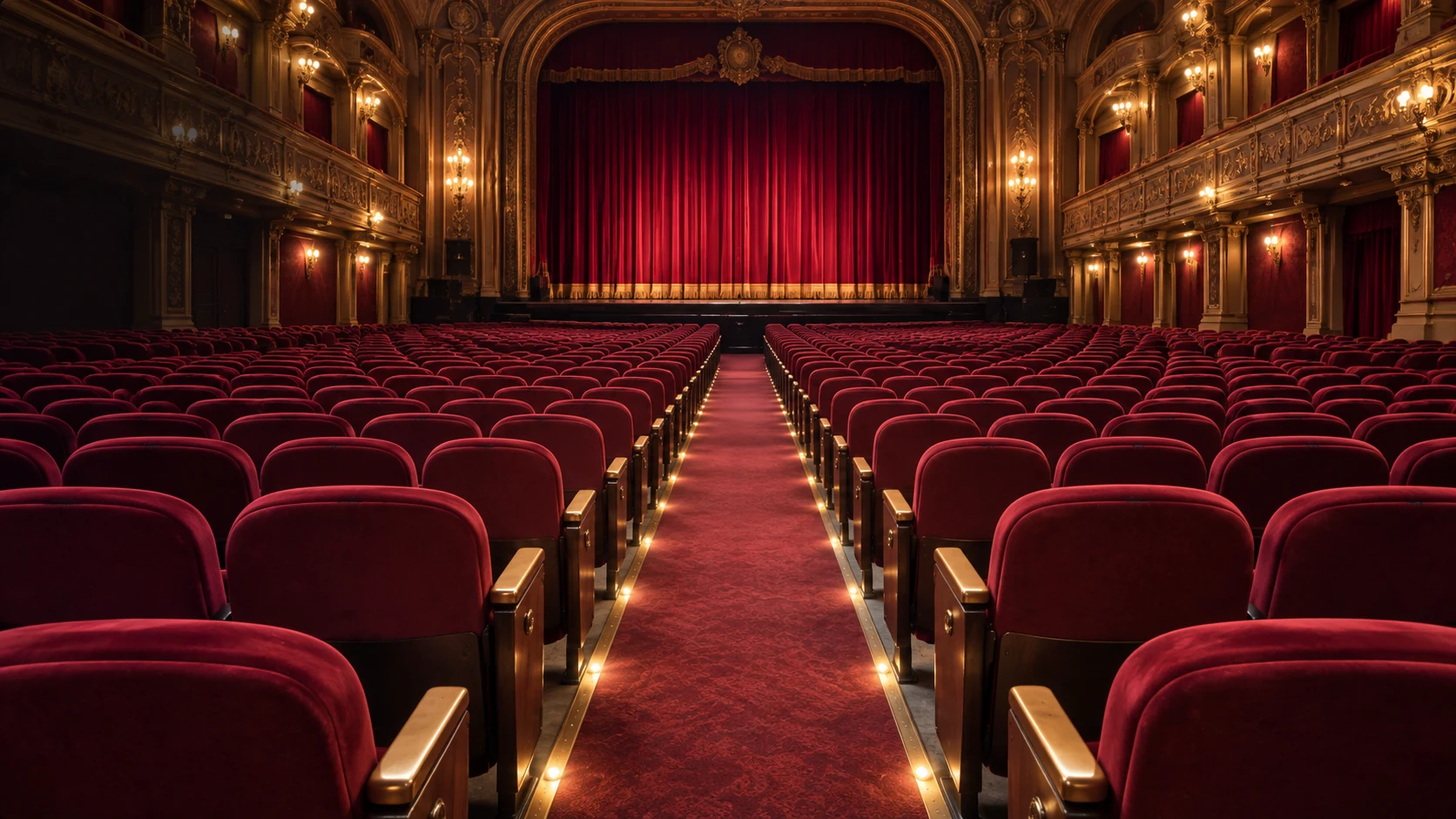 Auditorium seating reupholstery Chicago: raked rows of red seats running down to a lit stage