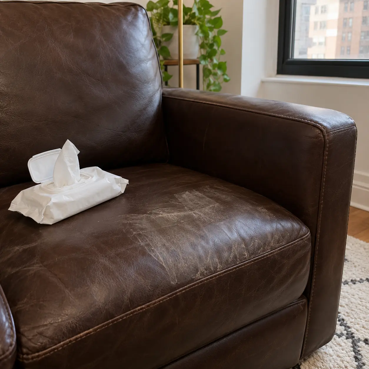 Pack of wipes on a dulled leather seat