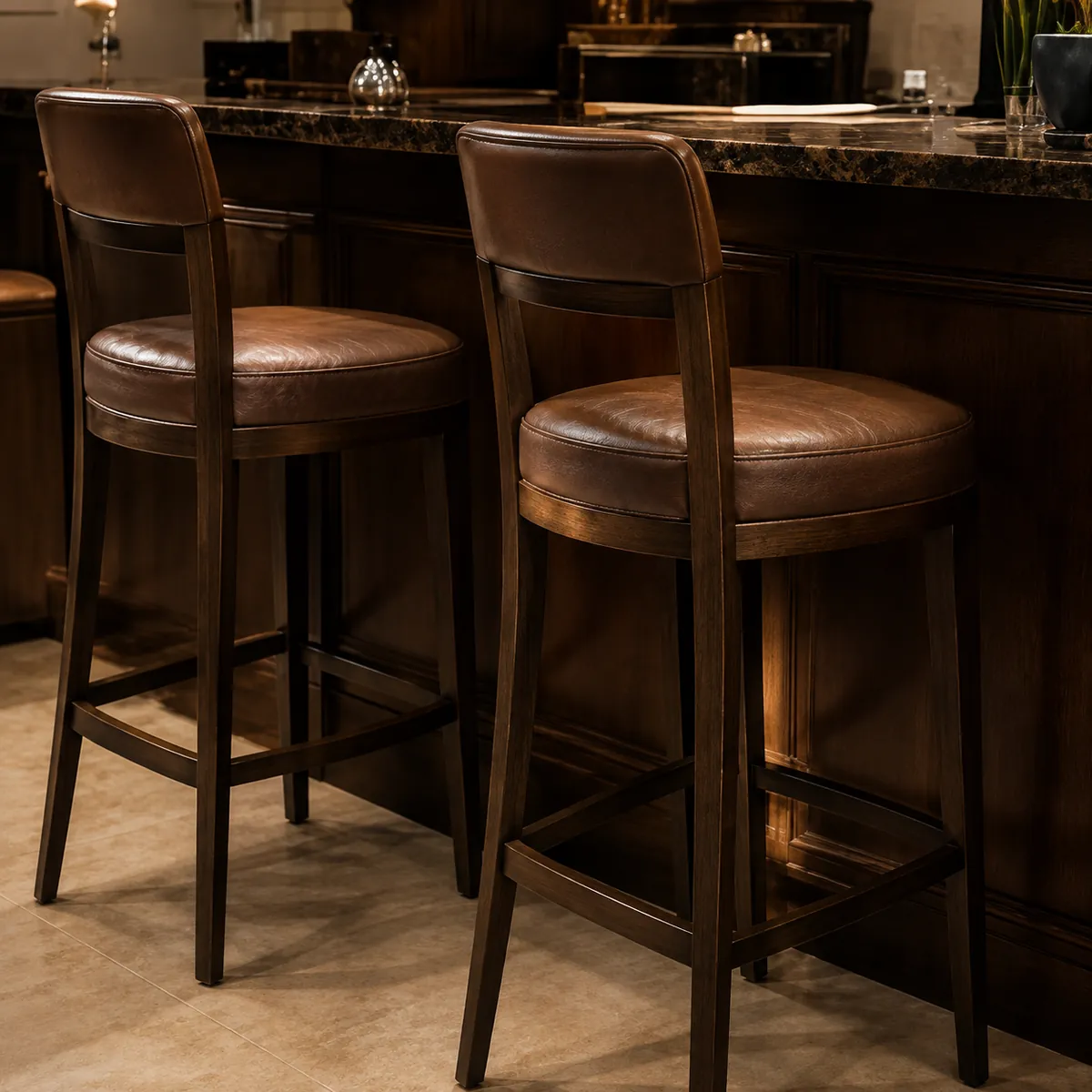 Two brown leather stools at a dark wood bank service counter