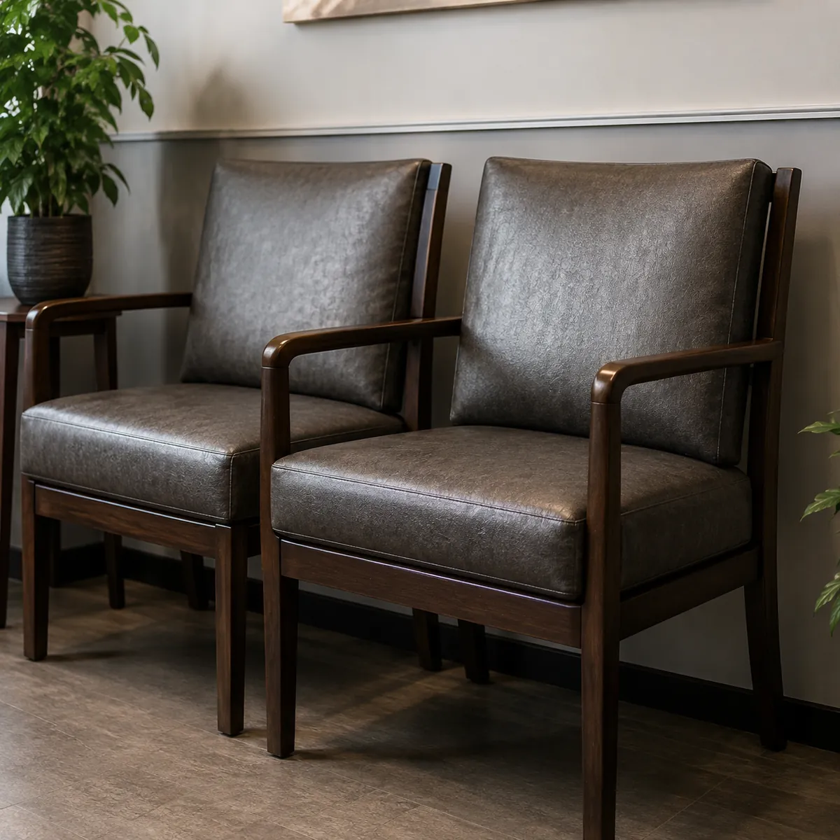 Pair of grey leather guest chairs