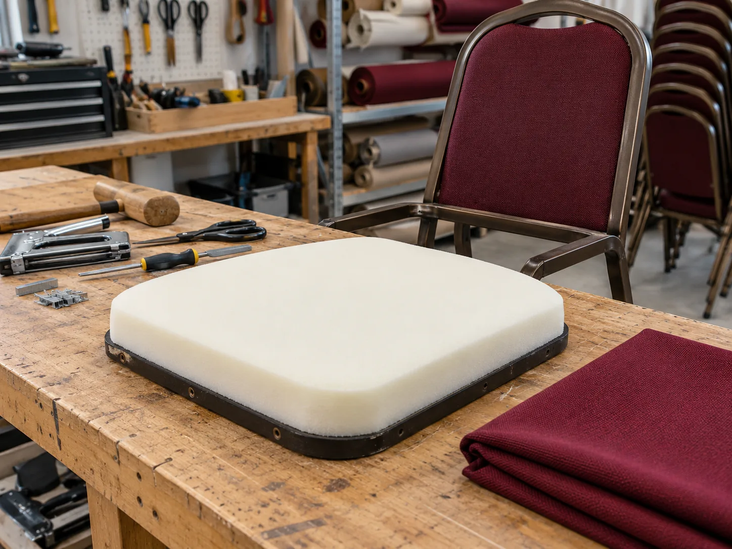 New foam fitted to a banquet chair seat pan