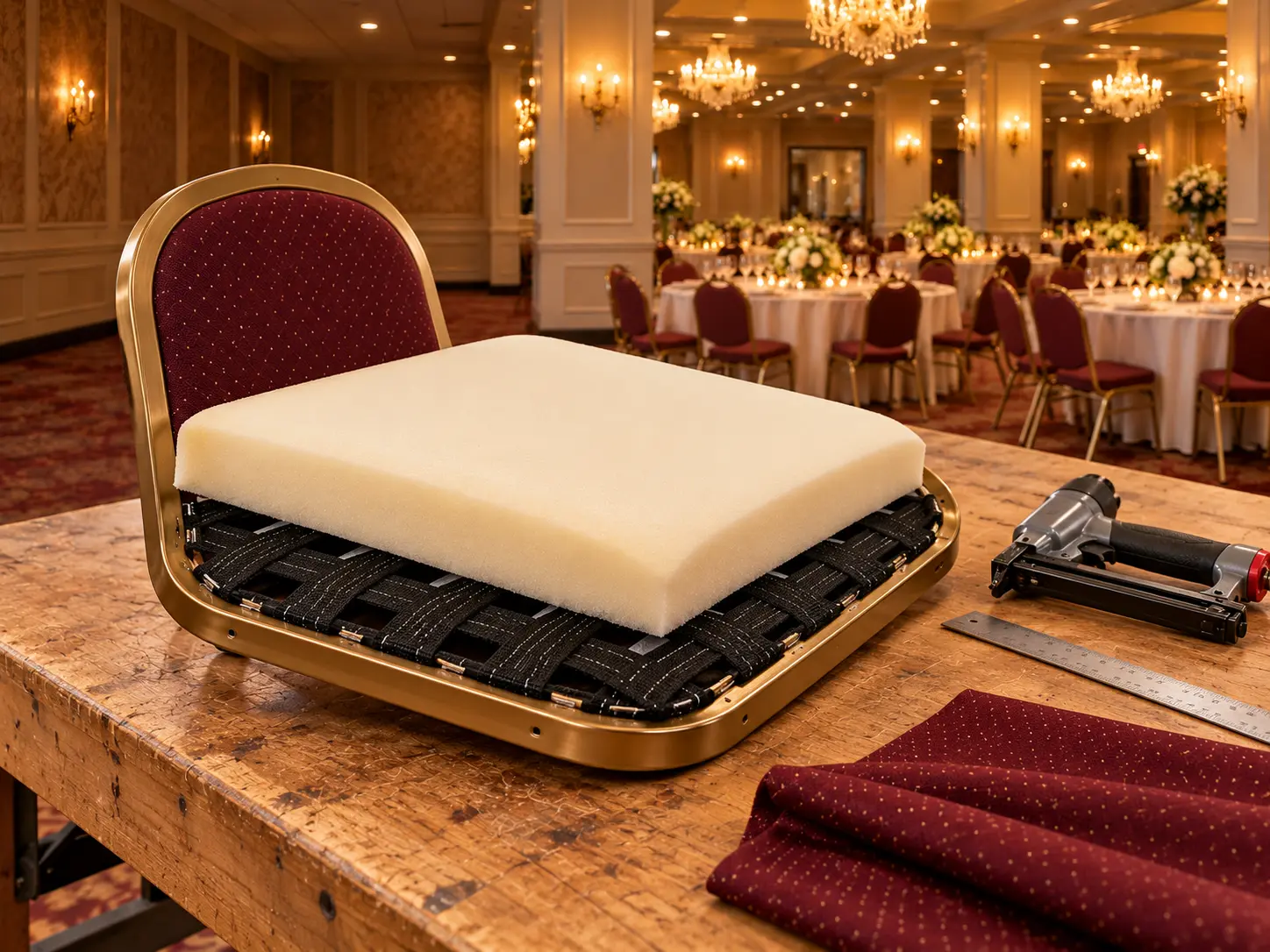A banquet chair seat pan with new webbing and foam