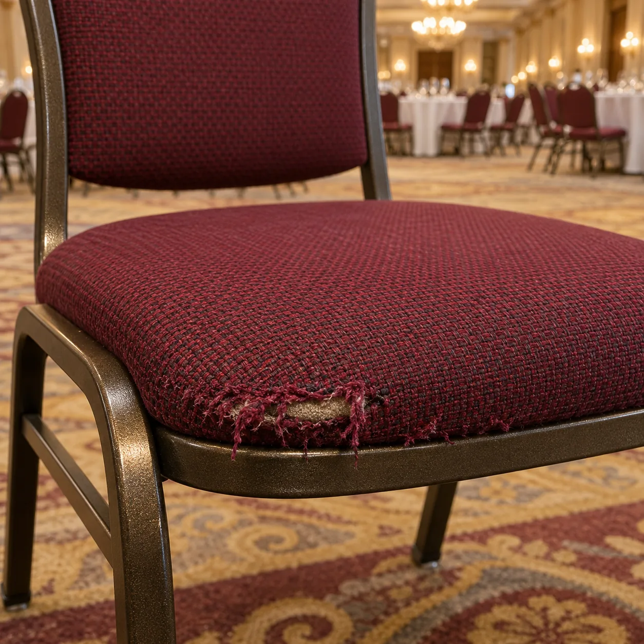 A banquet chair seat worn through the fabric