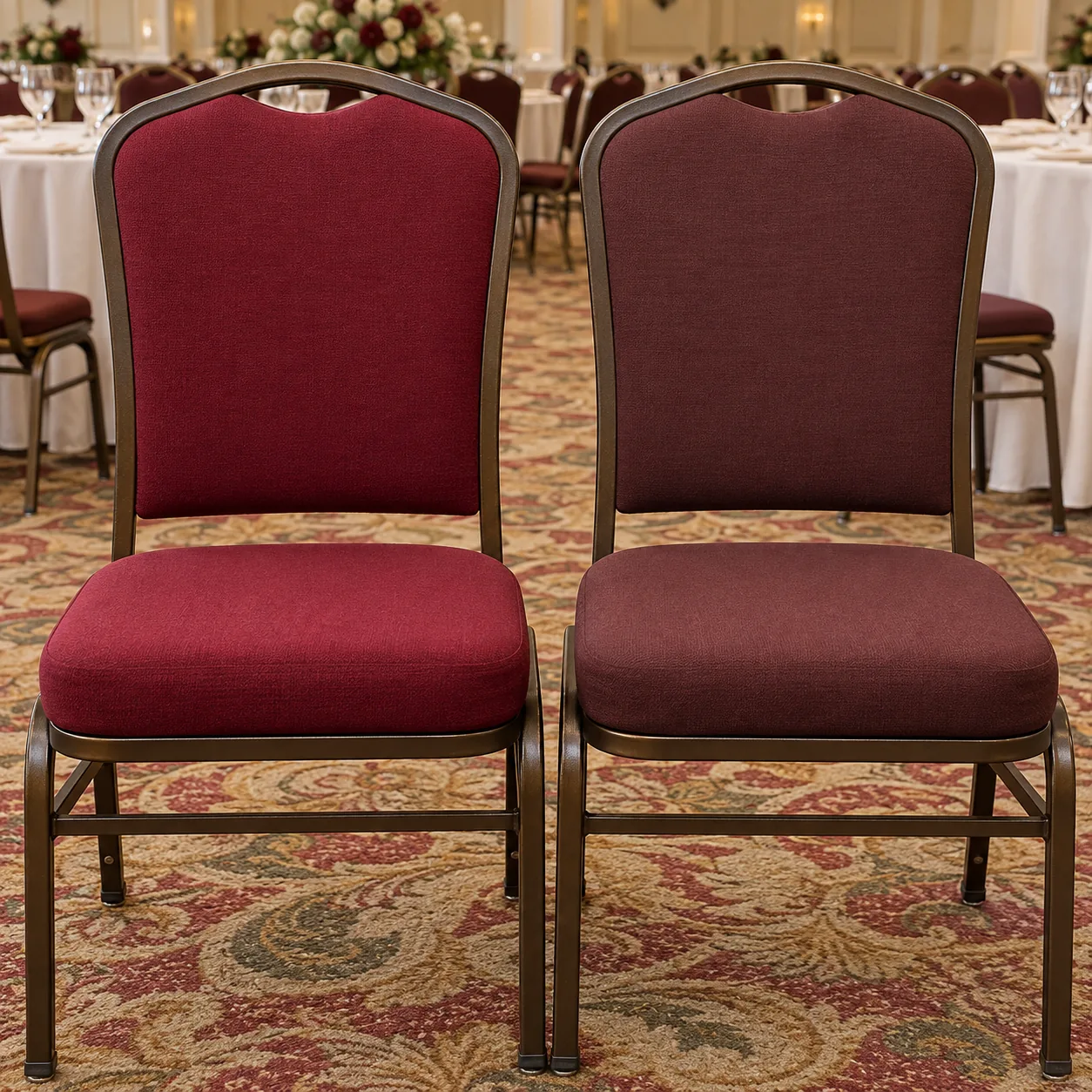 Two banquet chairs in visibly different shades of the same color