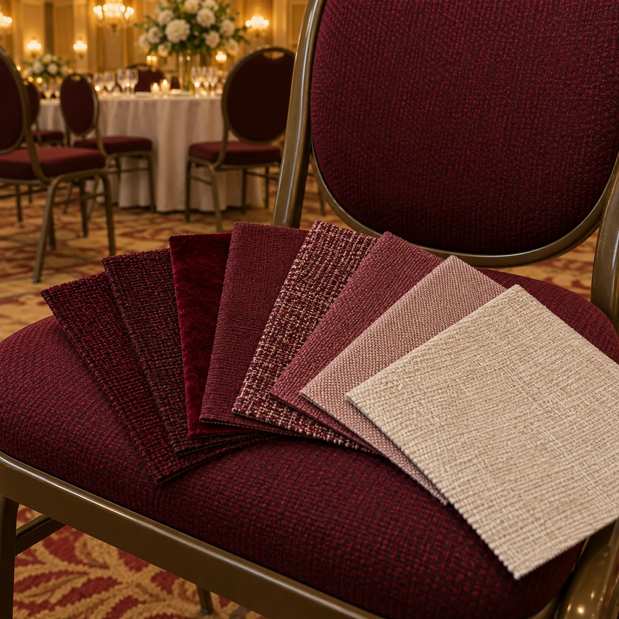 A fan of fabric memo samples laid on a banquet chair seat