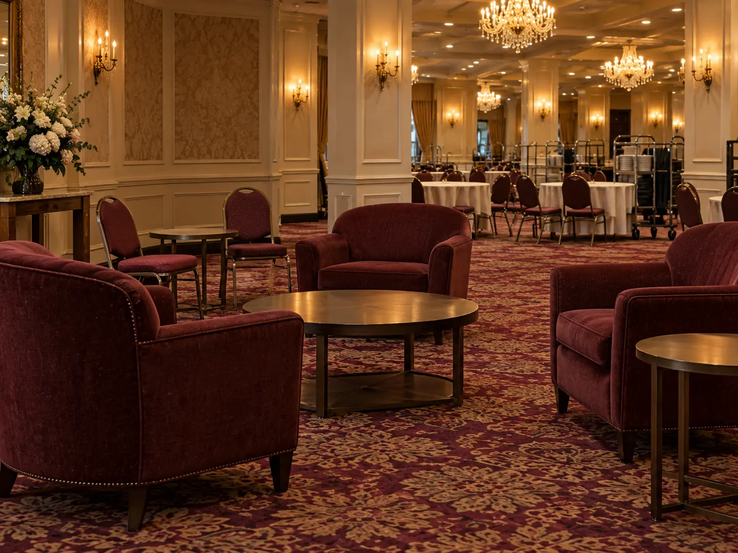 Lounge and side chairs at the edge of a banquet hall