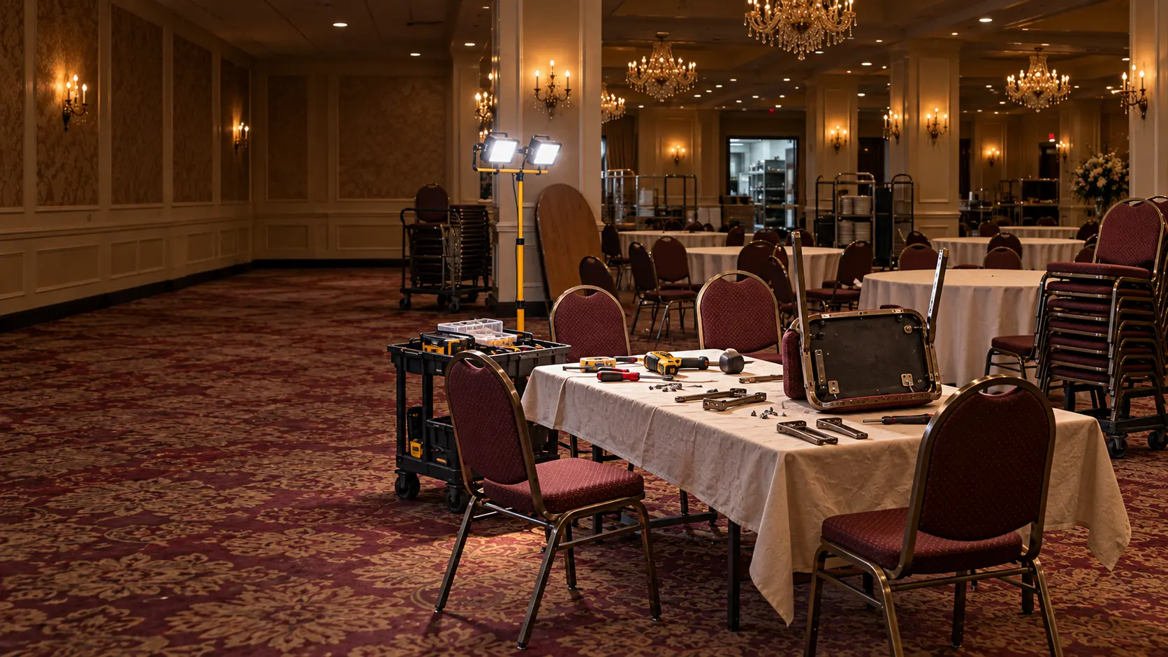 A banquet hall at night under work lights with a repair set-up mid-room