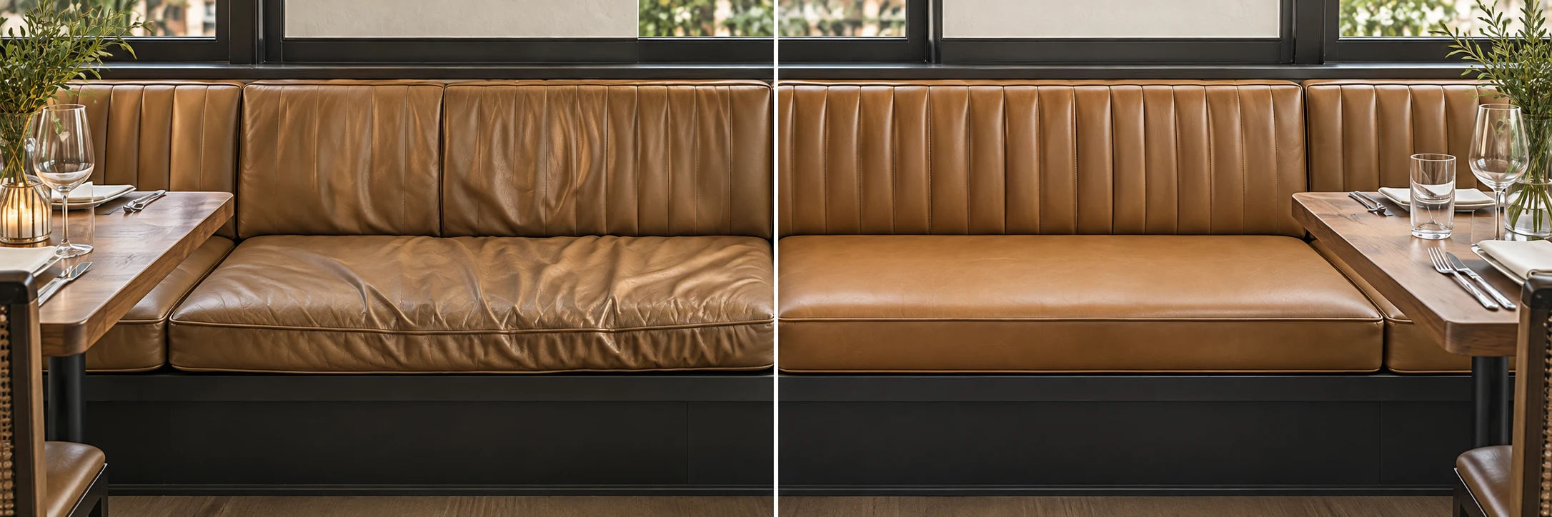 Restaurant banquette seat cushion replacement NYC before and after, with new cores and a new leather cover