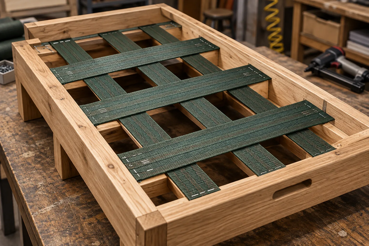 Banquette frame strung with new elastic webbing in the workshop