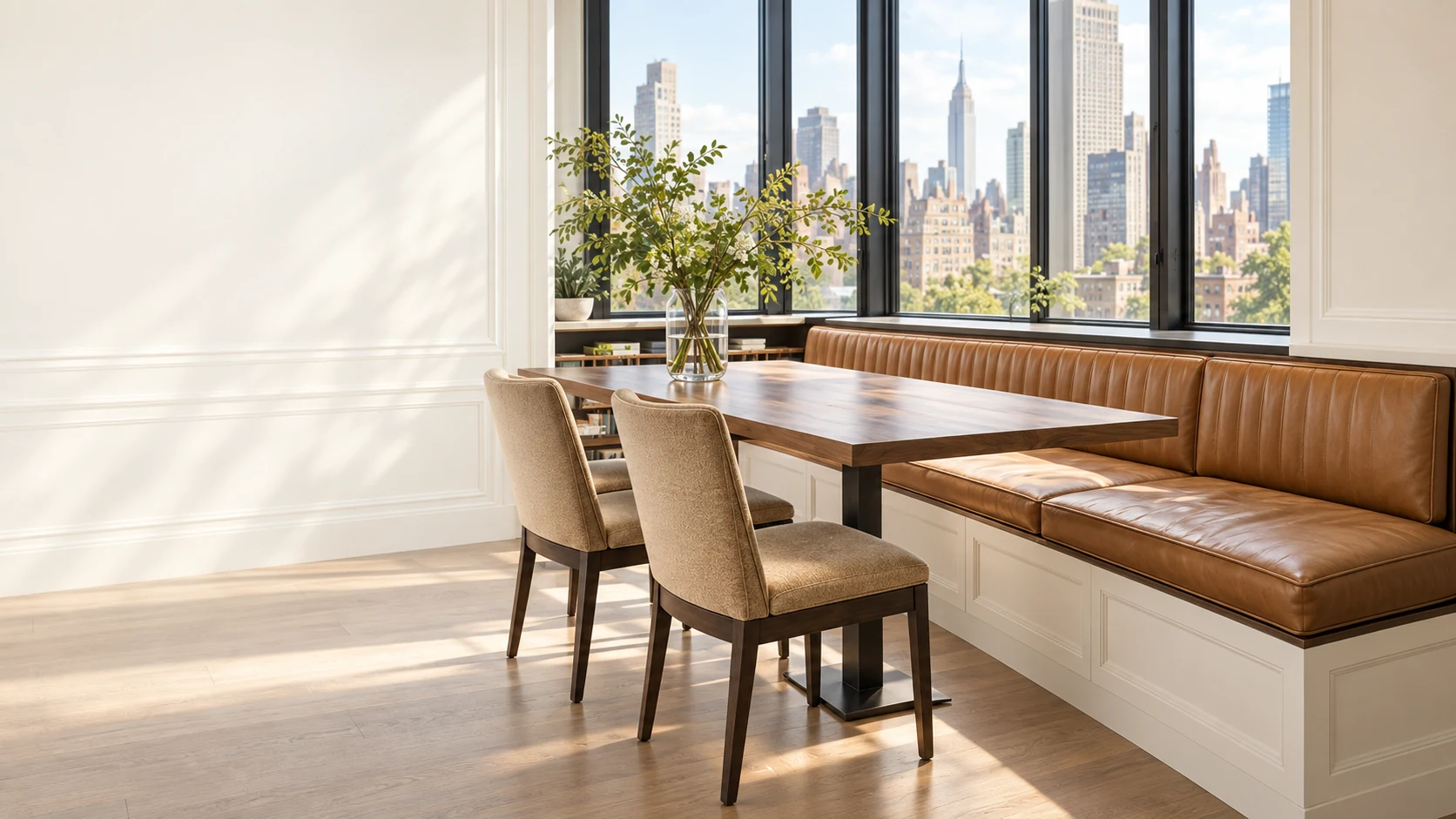 Custom seat cushion replacement NYC banquette in a Manhattan dining room with a skyline view