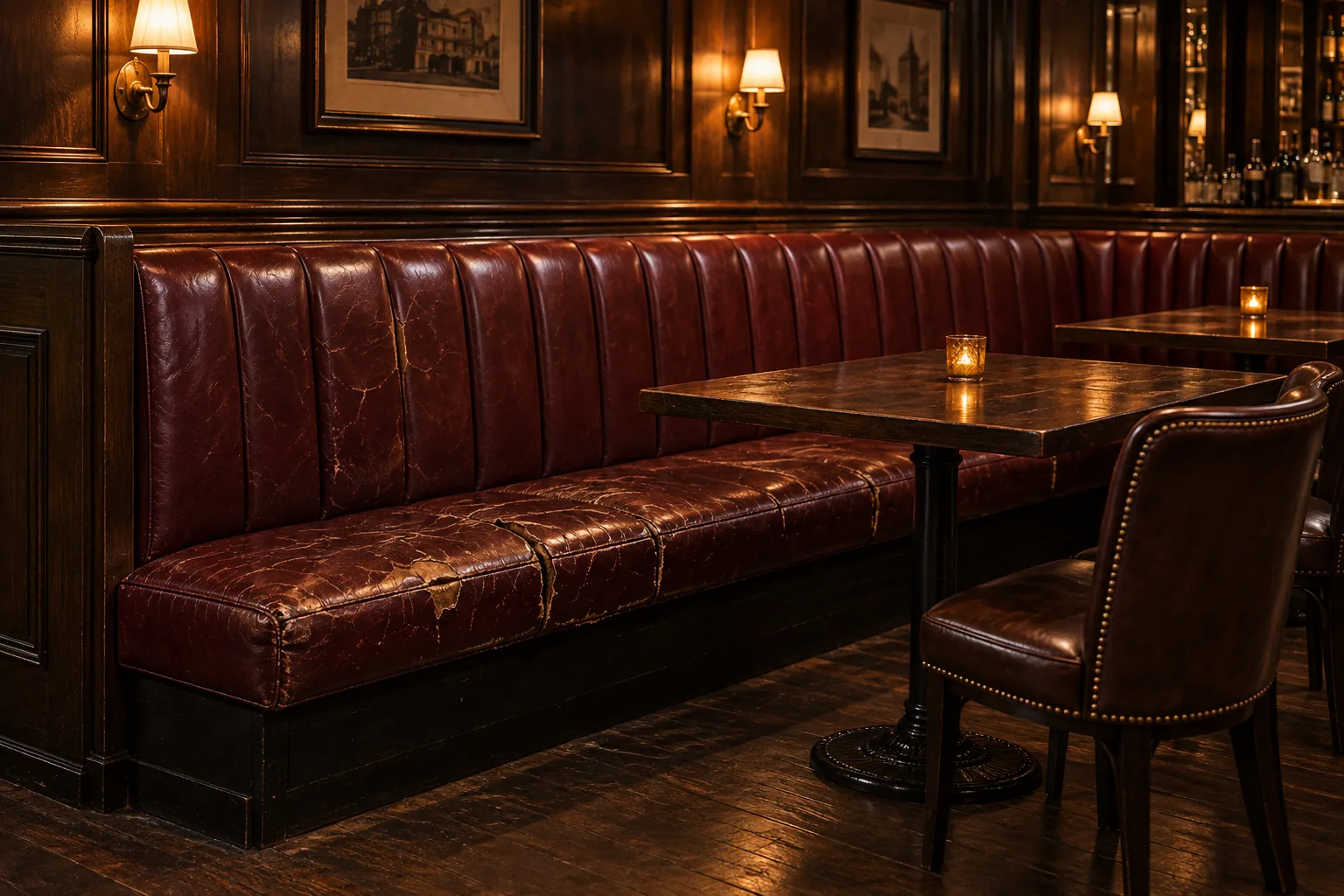 A cracked banquette back in a bar