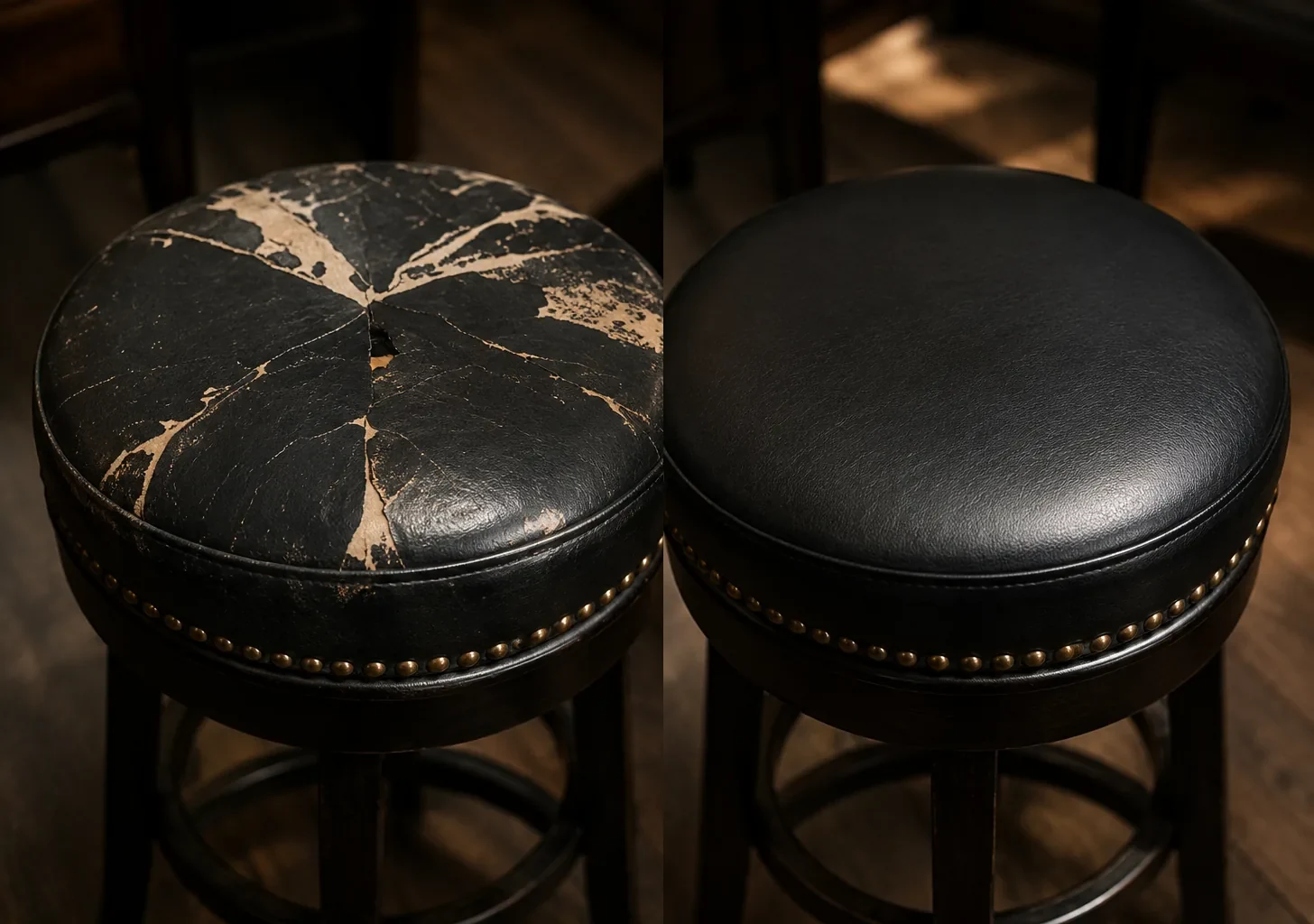 A nailhead bar stool seat before and after