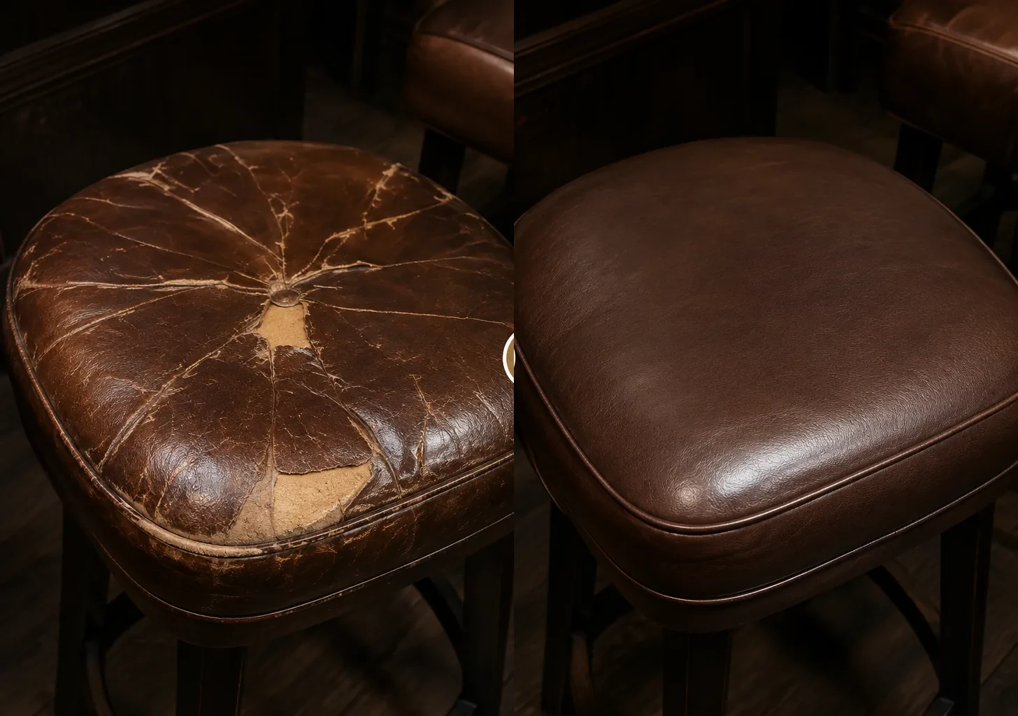 Before and after of a brown leather bar stool pad, cracked outward from the center then recovered with a welted edge
