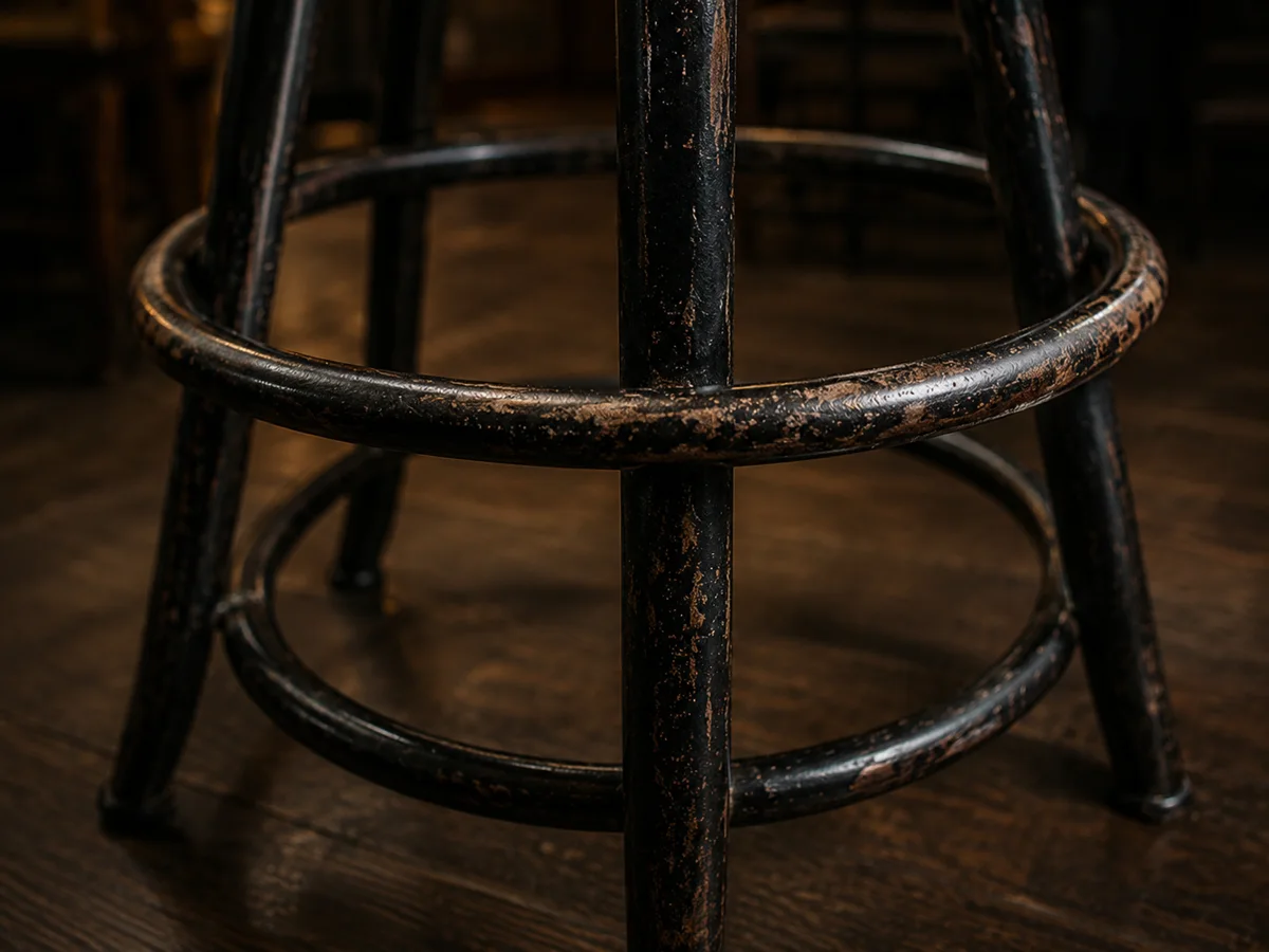 A black bar stool footrail ring worn through to bare metal in a band where shoes rest