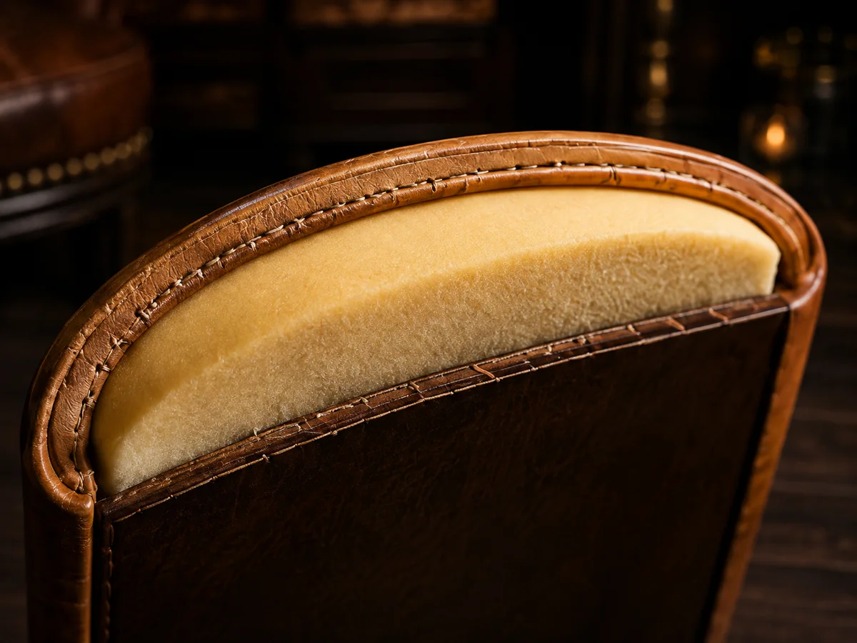 A cut-open leather seat edge showing the pale foam block and the stitched rolled edge above it